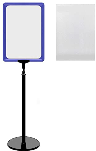 12 Plakatständer DIN A4 Rahmen blau mit U-Tasche, Ständer Kunststoff schwarz, Teleskopständer mit rundem Fuß, Kundenstopper höhenverstellbar bis 68 cm, Aufsteller