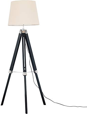 MiniSun | Modern Black Wood and Silver Chrome Tripod Floor Lamp with a Beige Tapered Light Shade | Floor Lamps & Torchieres, Home Décor & Improvement Essential | Includes Bulb [3000K Warm White]