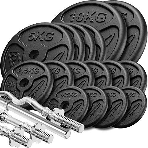 Marbo Sport Slim Guss Hantelset mit Langhantelstange 198cm ø30mm, SZ-Stange 120cm ø30mm, Kurzhantelstangen 40cm ø30mm und Gewichten, 1x Langhantelstange, 1x Curlstange, 2x Kurzhantel | Set 83kg / 113kg / 173kg zur Auswahl | Made in EU