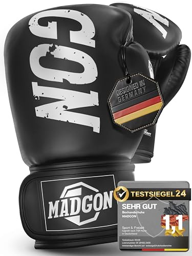 MADGON Boxhandschuhe Männer Frauen mit Klettverschluss, Kickbox Handschuhe für Muay Thai, MMA und Sparring, Box Handschuhe Herren Damen aus Kunstleder 10 12 14 16 oz, Boxing Gloves inkl Beutel