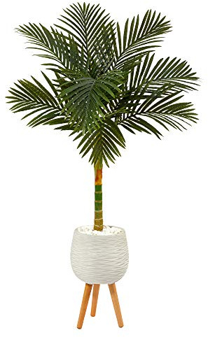 Nearly Natural 5ft. Golden Cane Artificial Palm Tree in White Planter with Stand