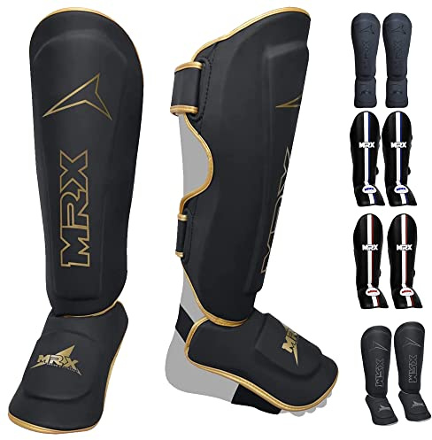 MRX BOXING & FITNESS Shin Guards Pads for Boxing MMA Muay Thai Kickboxing Training Workout Extra Padding with Deluxe Embossed Design Protective Gear Men Women Shin Protector Black/Golden