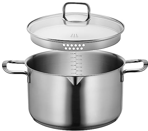 MÄSER Sanvito, Kochtopf 24 cm mit Glasdeckel und praktischem Ausgießer, kleiner Edelstahl Topf mit Siebdeckel und Literskala, geeignet für Induktion, Edelstahl 18/10