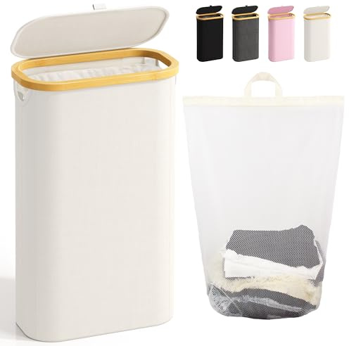Bathola Schmaler Wäschekorb mit Deckel & Herausnehmbarem Wäschesack, Beige | 75L Bambusrahmen, Platzsparender Wäschebehälter, Faltbarer Wäschesammler für Bad, Schlafzimmer, Waschküche & Wohnmobil