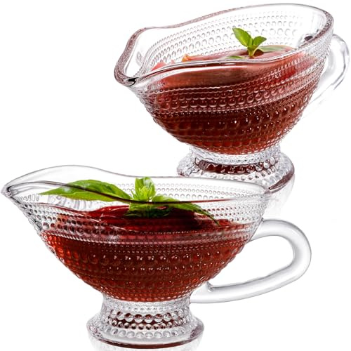 ZOOFOX Lot de 2 saucières en verre de 340,2 g, saladiers en cristal avec bec verseur facile à verser et poignée, plat de service vintage en relief pour sauces, vinaigrettes, crèmes, Thanksgiving, Noël