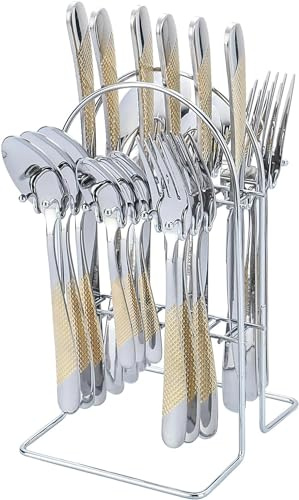 Set d'argenterie en or, 24 pièces, service pour 6，Service de couverts poli au miroir, avec support pour fourchette, couteau et cuillère, lavable au lave-vaisselle (Or Argenté)