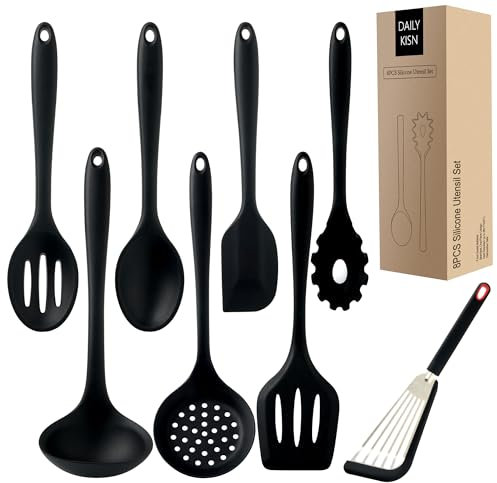 Juego de utensilios de cocina de silicona, 8 piezas: espátula, volteador, cuchara para servir, cucharón para sopa, cuchara ranurada, servidor de pasta, espumadera y espátula para pescado (negro)