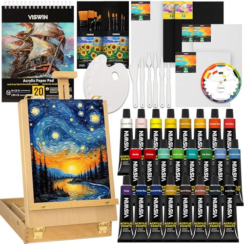 VISWIN 62 Pezzi Set Pittura Acrilica Premium, Kit Pittura con Scatola da Disegno da Tavolo, Colori Acrilici, Pannelli in Tela, Pennelli in Nylon