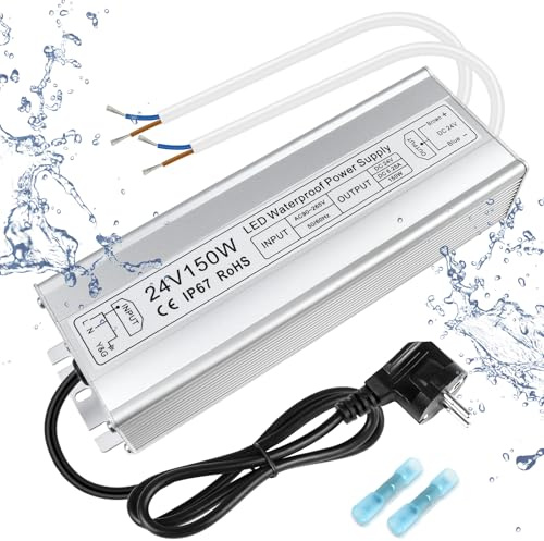 inShareplus Trasformatore a LED, 24 V, 6,25 A, 150 W, IP67, impermeabile per esterni, AC 220 – 240 V a DC 24 Volt, alimentatore di rete da 24 V per luce LED, progetto computer, uso esterno