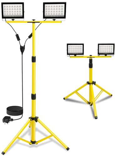 T-SUN 11000Lumen LED Work Light with Stand, 2 Adjustable LED Heads | 13FT Cord, Individual Switch, IP66 Waterproof Foldable Tripod Floodlight for Indoor Outdoor Job Site Workshop Garage