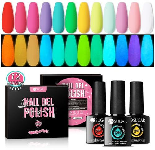 UR SUGAR Glow in The Dark Gel Nail Polish Set, 12 Colours Halloween Neon Luminous Gel Polish Hot Pink Orange Yellow Purple Fluorescent Bright Colour Gel Nail Varnish Set Soak Off Nail Art Manicure Kit