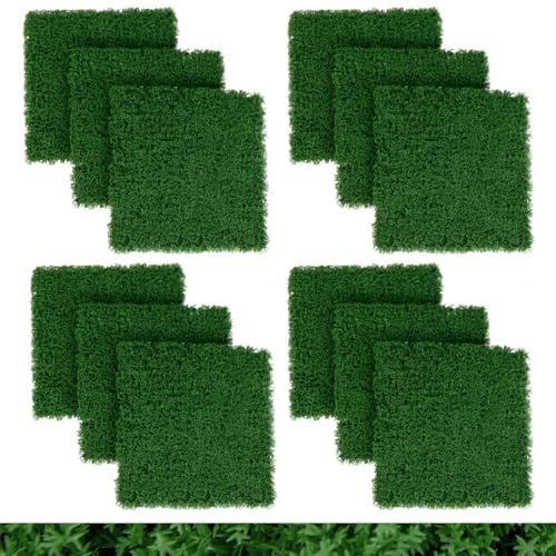 TANGZON 12PCS Artificial Leaves Hedge Panels, 7CM Multi-Layer Faux Grass Backdrop Wall with Snap Lock & Cable Ties, Outdoor Decor Privacy Fence Screen for Garden Patio (50 x 50cm, Artificial Moss)