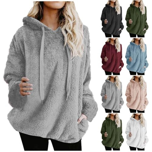 Dyhxuan Hoodie Damen Teddy Fleece Pullover Plüsch Kapuzenpullover Autumn Winter Fleecepullover Oversize Sweatshirt Elegant Oberteile Flauschiger Langarmshirt mit Tasche Casual Winterpullover Tops
