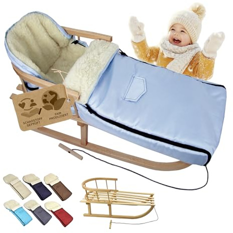 BambiniWelt Holzschlitten mit Rückenlehne & Zugseil + Winterfußsack 108 cm – warme Lammwolle, wasserabweisend – Kombi-Set für Kinderwagen & Buggy
