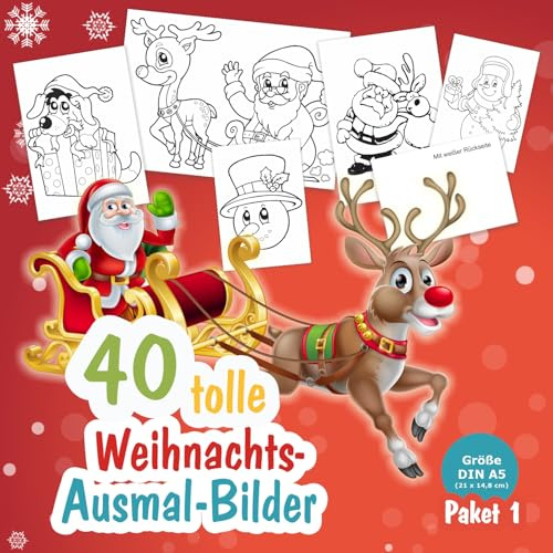 40 Weihnachtsbilder zum ausmalen - (Paket Set 1) - alles verschiedene | Motive, Din A5 Größe