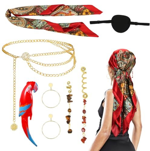 Meleager Piratenkostüm Damen, Piraten Zubehör Damen, Piraten Kopftuch, Augenklappe, Taillenkette, Haarschmuck, Ohrringe, Aufblasbare Papagei, für Hallowee, Karneval
