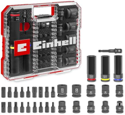 Original Einhell Impact Jeu de 32 douilles (18x embouts de force de 30 mm, Douilles 9x 40 mm et 3x 80 mm, acier S2 et CrMo, douille plastique, domaine automobile)