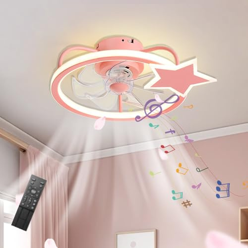 LASANYA Rosa Infantil Ventilador De Techo Con Luz Silencioso, Forma De Estrella LED Moderno Pequeño Ventilador Techo Con Luz Y Mando A Distancia, Temperatura En 3 Colores