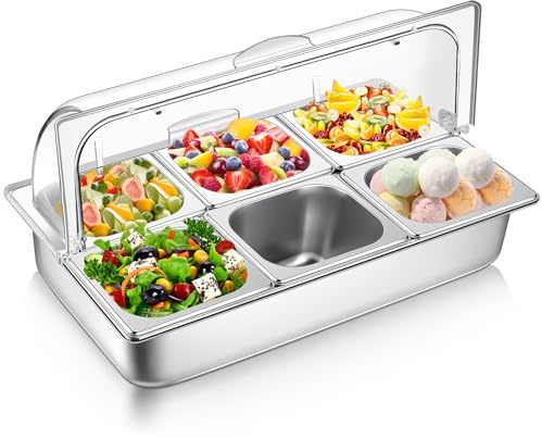 Ziliny 6 Pan Countertop Ice Food Serving Display Container with Clear Roll Top Cover, Stainless Steel Serving Tray Buffet Condiment Dispenser for Restaurant Hotel Kitchen Party