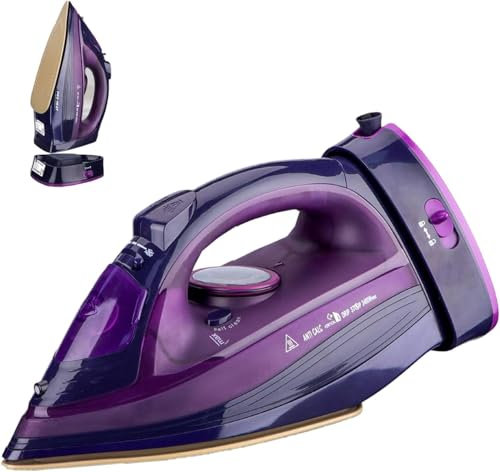 Dampfbügeleisen kabellos 2400 W kabelloses Bügeleisen, Sohle mit keramischer Antihaftbeschichtung Vertikal bügeln, Tropfstop, Antikalk, selbstreinigend mit Wassertank Cordless Steam Iron (Lila)