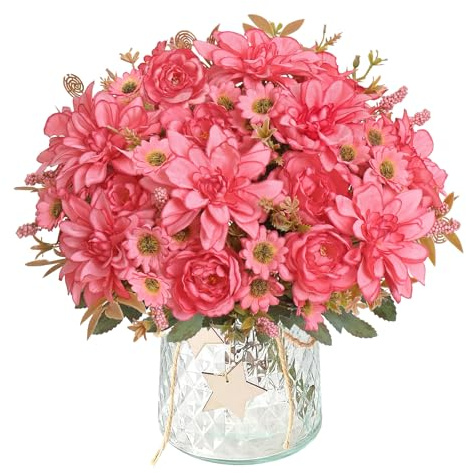 DEMIUKO 4 buntar dahlior konstgjorda blommor ros pioner silkesbuketter konstgjorda blommor falska blommor vas dekoration för bröllop fest bordstillbehör blomarrangemang inomhus utomhus dekorativa