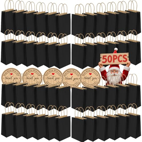 50 Stück Geschenktüten mit Henkel,Kleine Papiertüten mit Aufklebern,130GMS Kraftpapier tüten, Partytüten für Einkaufen Hochzeiten Verpackungen Partys Geburtstag Weihnachten Halloween(Schwarz)