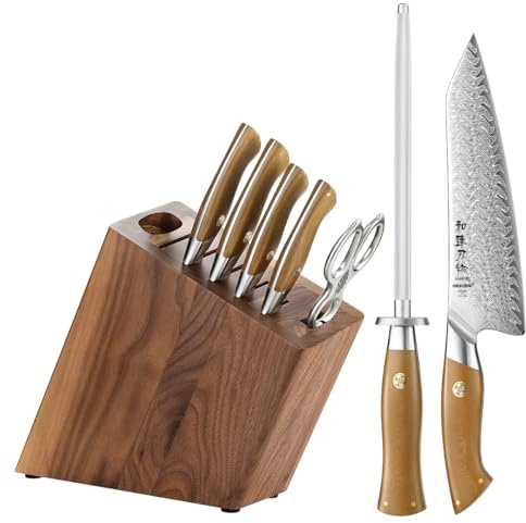 HEZHEN Juegos de Cuchillos de Acero Damasco, Set de Cuchillos Cocina Chef Santoku, Tijeras de Cocina de Acero Inoxidable，Bloque de Cuchillos de Madera