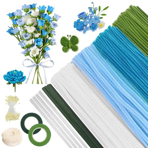 400 Stück Blau Bouquet Pfeifenreiniger Blumen Set 30cm Pfeifenputzer zum Basteln, 4 Farben Pipe Cleaner, Pfeifenreiniger Chenilledraht für Geschenk zum Muttertag Valentinstag Weihnachten DIY Basteln