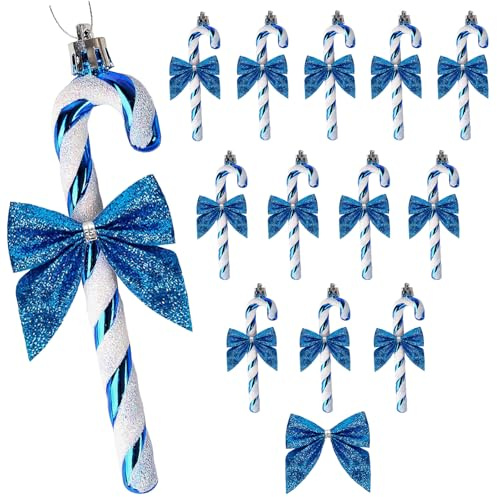 HERZWILD Lot de 12 décorations de Noël en forme de canne à sucre d'orge en plastique pailleté avec nœud à suspendre (bleu)
