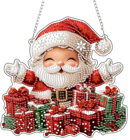QENSPE Weihnachten Diamond Painting Kit für Erwachsene, Weihnachtsmann Diamant Kunst Anhänger Spezielle Geformte Strass Fenster Ornamente DIY Zuhause Wandtür Garten Hängende Dekor, 20cm Breite