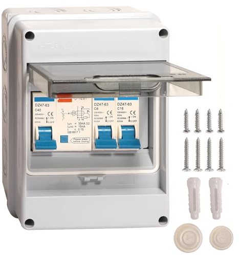 Shengbowi Consumer Unit Breaker 2 Way IP65 Waterproof Circuit Breaker Panel Garage Anti-Leakage Caravans Workshops Fuse Box 40A 30mA RCD 6A+16A MCB