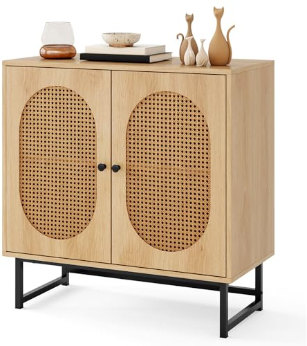 KOMFOTTEU Credenza Alta con 2 Ante in Rattan, Armadio a Buffet con Ripiani Regolabili e Antiribaltamento, Mobile Dispensa in Legno, per Soggiorno, Sala da Pranzo, 80 x 40 x 81,5, Naturale