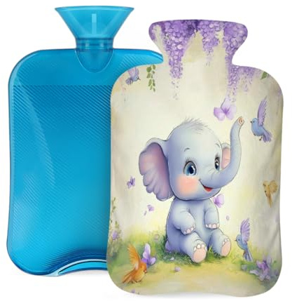 Lovely Elephant Birds Lavender Hot Water Bottle with Cover, 2L PVC Hot Water Bag with Soft Cover, Reusable Heating Pad for Pain Relief Warm Hands Waist Abdomen Feet & Bed