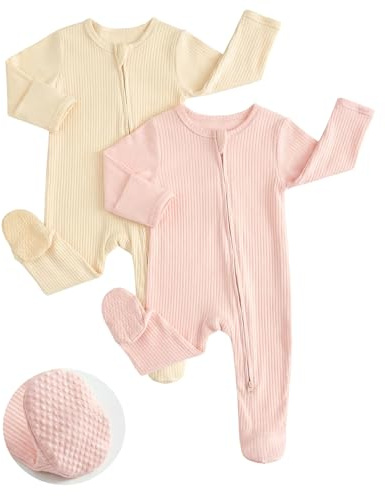 JiAmy Baby Grows Sleepsuits 2 Pack, Tiny Baby 100% Cotton Two-Way Zip Long Sleeve Footed Pajamas with Mitten Cuffs Pink Beige 0-3 Months