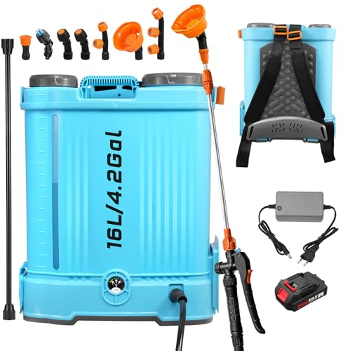 Viugreum 16L Pulverizador de Mochila Eléctrico, 21V Pulverizador de Jardín Eléctrico con 7 Boquillas de Nebulización, Lanza Telescópica y Correa Ajustable para Riego, Irrigación y Mantenimiento