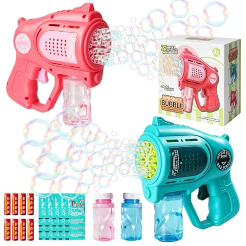 Monemey 2 Stück Seifenblasenpistolen, 21-Löcher Elektrische Seifenblasenmaschine mit 2 x 100ML Seifenblasenlösung & LED-Lampe, Automatische Bubble Machine für Kinder Outdoor-Aktivität, Party