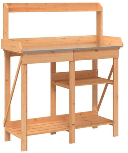 Owoxanthellate Tavolo da giardinaggio in legno, marrone, con cassetto e piano di lavoro zincato, per giardino, balcone, terrazza, 110 x 45 x 125 cm