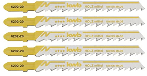 kwb Stichsägeblätter für Holz aus flexiblem HCS-Stahl mit Einnockenschaft (T-Schaft), Einstichzahn, optimaler Sägemehltransport, langanhaltende Schärfe, polierte Oberfläche, für feine Schnitte