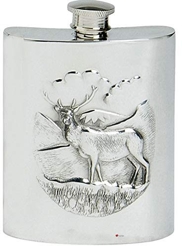 Hochland Hirsch Flachmann 6oz Nierenform Zinn Gravierbar auf der Rückseite