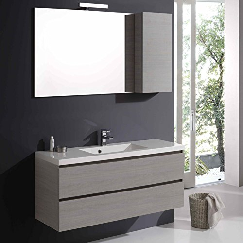 Kiamami Valentina - Mobile bagno 120cm 2 cassetti grigio, lavabo in resina, specchio con pensile | Manhattan