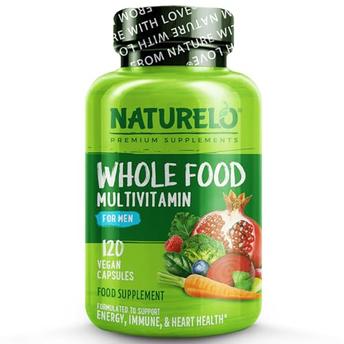 NATURELO Whole Food Multivitamin for Men - with Natural Vitamins, Minerals, Botanical Blends - Complete All-in-One Formula for Energy, Brain, Heart, Eye Health - 120 Vegan Capsules | 1 Month Supply