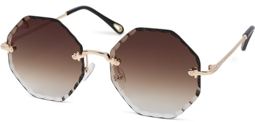 styleBREAKER Occhiali da sole rotondi da donna senza montatura con lenti colorate taglio diamante, aste in rilievo, lenti poligonali 09020118, colore:Montatura oro/vetro marrone sfumatura