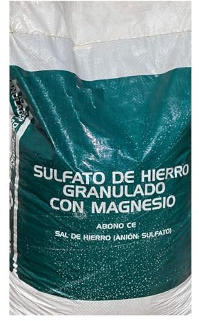 Sulfato de hierro granulado 25 Kilos. Abono de fondo utilizado para tratar las clorosis férricas o amarillamiento de las plantas.