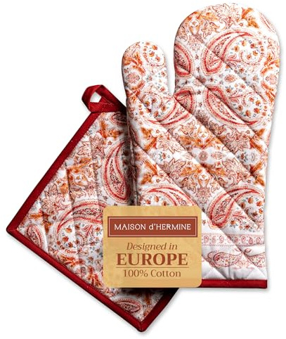 Maison d' Hermine Orient Set Gant de Cuisine 100% Coton + Manique (20cm x 20cm) pour Barbecue Cuisson Grill Micro-Ondes Automne Hiver