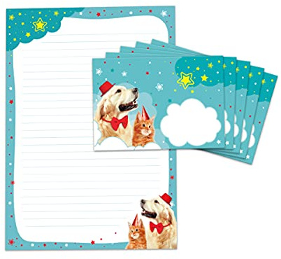 Briefpapier-Set Hund und Katze für Kinder Mädchen Briefblock liniert mit Umschlägen Umschlag (Block A4 mit 25 Blätter + 15 Umschläge)