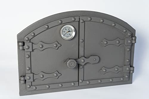 Euro Sezam - Ofentür aus Gusseisen im ungarischen Stil - Massive dicke Ofentür - Pizzaofentür mit 500c-Thermometer - KK001 - Doppeltür mit Türschloss - Türen für Pizzaöfen 53.20x5.50x35.50cm