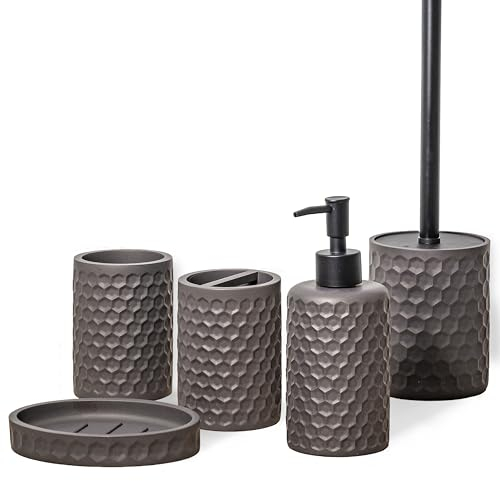 ZCCZ Badezimmer Set – 5 Teile – Badezimmer Organizer mit Toilettenbürste, Zahnbürstenhalter, Seifenspender, Seifenschale – Edle Badezimmer Deko, geometrisches Hexagon-Muster, Bronze
