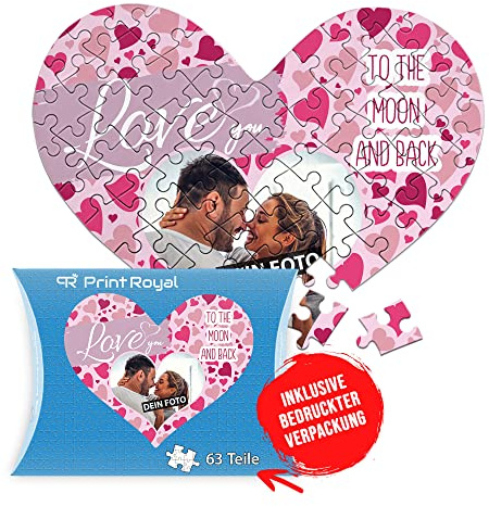 Foto-Puzzle selbst gestalten - Love You - mit einem Foto Bedrucken - Herz-Puzzle Personalisieren - Geschenk zu Valentinstag, Jahrestag - 63 Teile inkl. Kartonverpackung