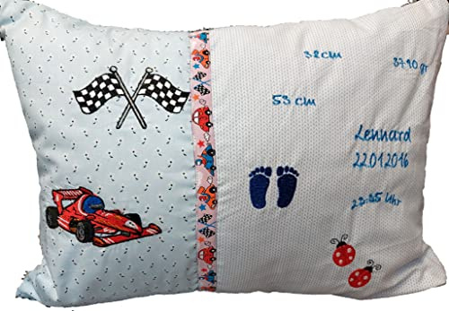 Kuschelkissen Kissen Taufkissen Geburt Geschenk Namenskissen Feuerwehr, Rennautos (Rennautos)