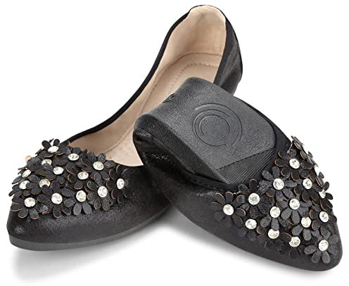 QIMAOO Ballerines pliables avec strass pour femme, Motif fleurs Noir, 38 EU